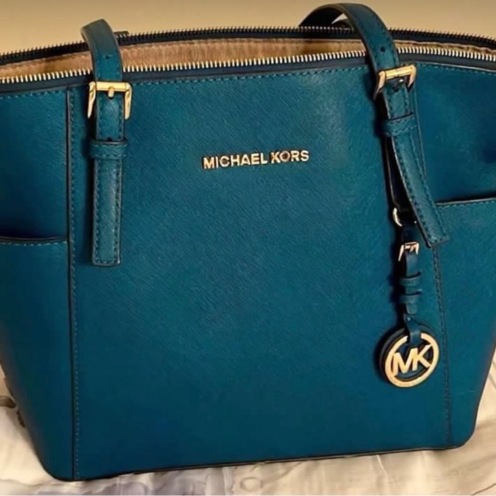 MICHAEL KORS Teal Leather Saffiano Tote with Gold Hardware